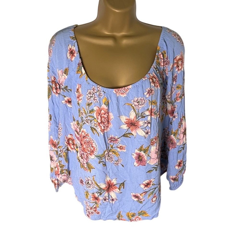 Billabong Crinkle Off Shoulder Crop Top Floral Print Blue M Juniors